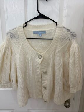 Hill House Cream Cable-Knit Puff Sleeve Cardigan